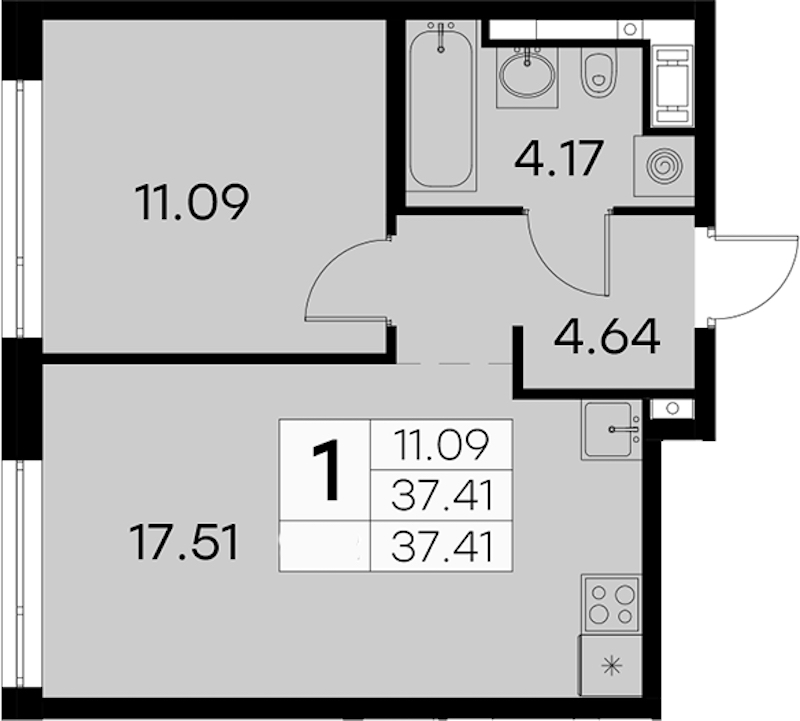 1-комнатная квартира 37.41 м², 14/19 эт., ЖК «GloraX Aura Vasileostrovsky»
